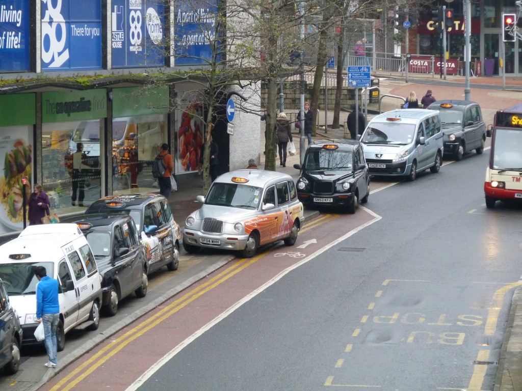 Blocked - The taxi drivers use the cycle lane as an extension of the taxi rank